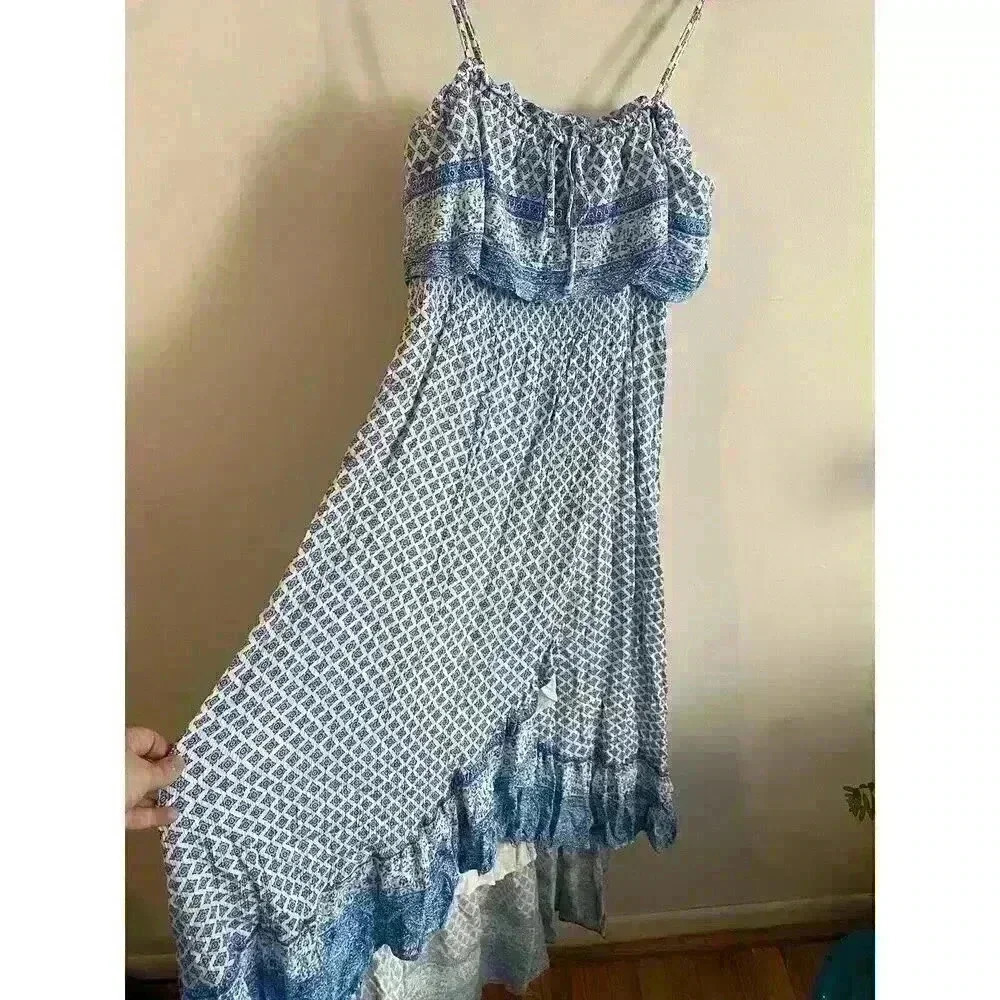 Lulus Moment of Reflection Blue and White Print High-Low Maxi Dress Large